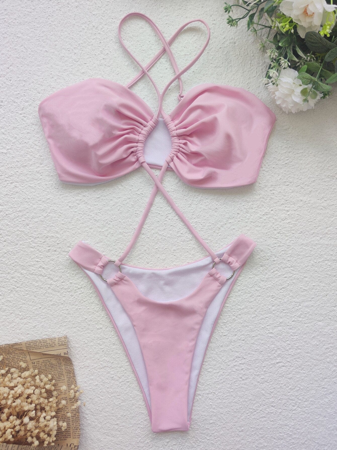 Bikini Pink / S Aria - Ellolace Kruis Halter Eendelig Badpak Mykozo