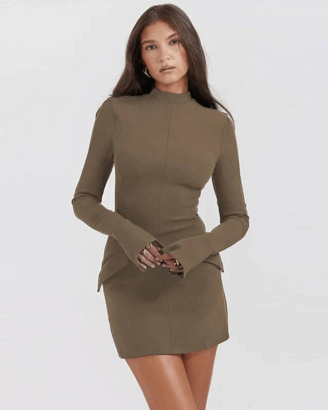 Khaki / S Elyse | Elegante Jurk met volle mouwen Mykozo