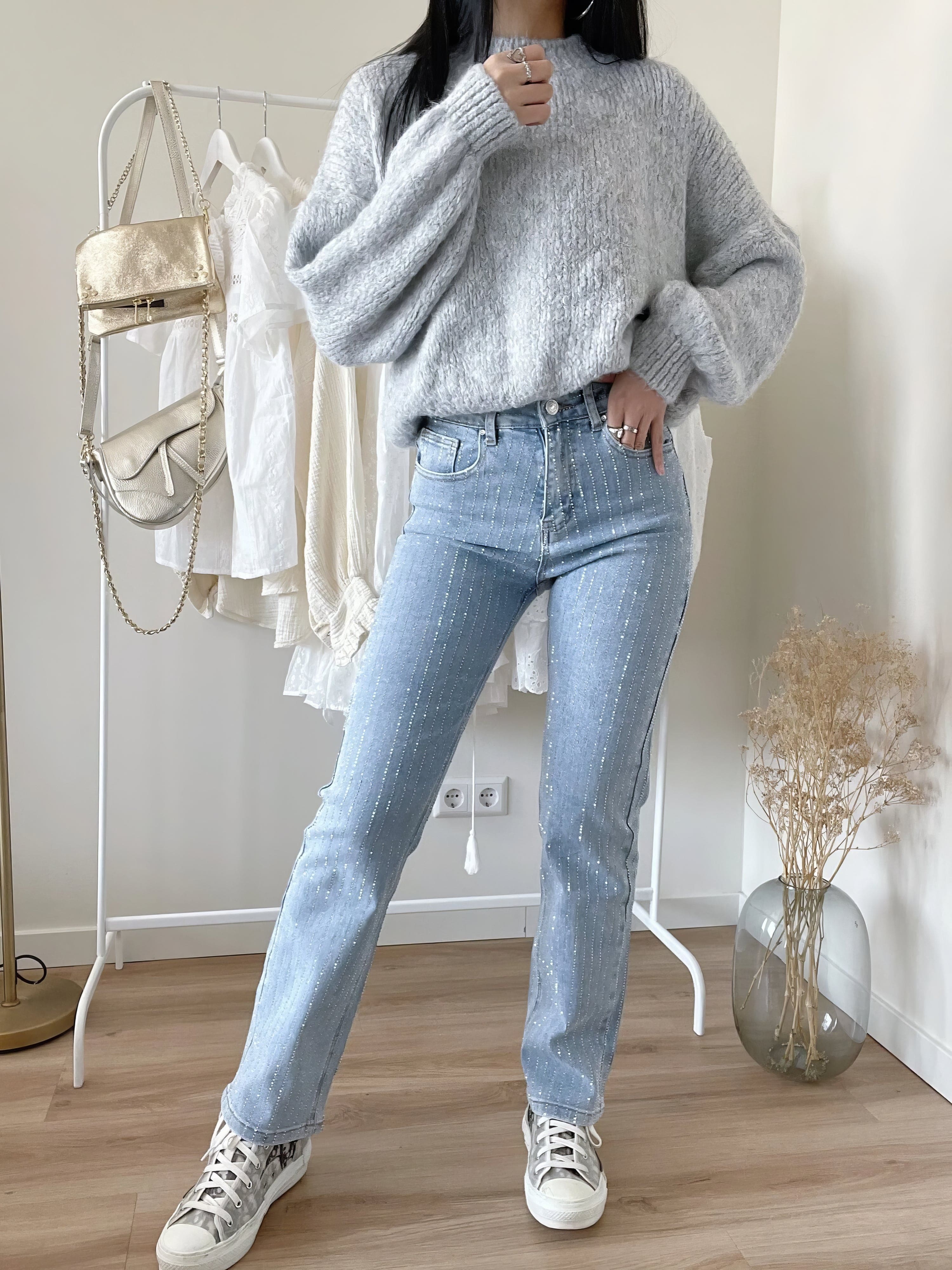 S / Lichtblauw Gestreept GlamLux™ - Denim Glitter Sparkle Jeans Mykozo