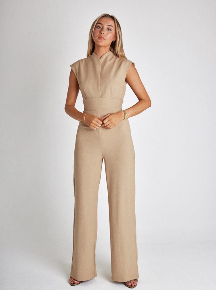 BEIGE / S GlamLux™ - MOUWLOZE JUMPSUIT MET WIJDE PIJPEN Mykozo