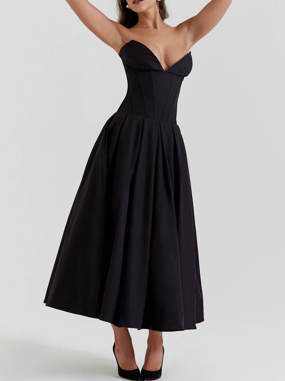 Dresses Hanne | Elegante Zwarte strapless midi jurk Mykozo