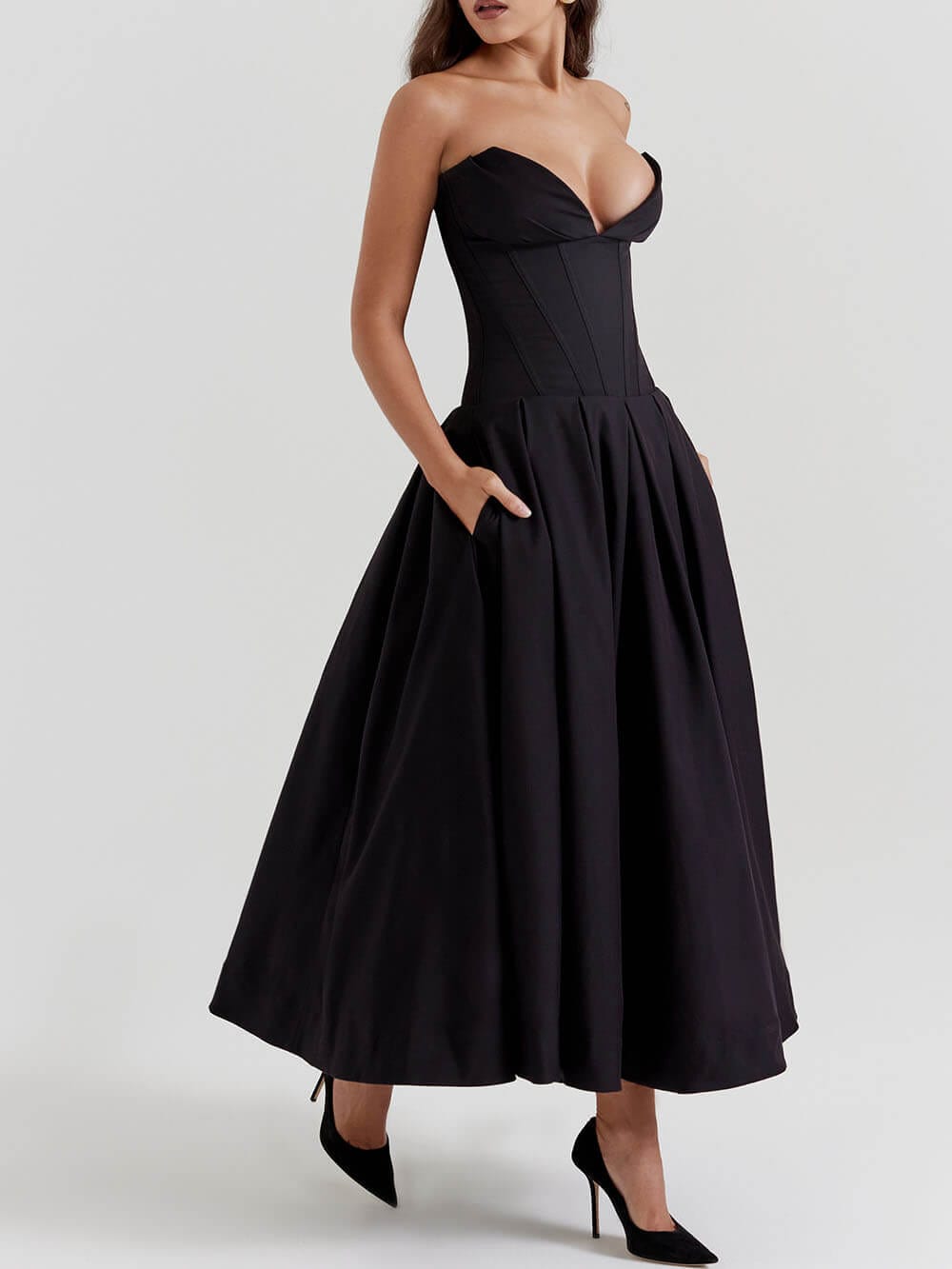 Dresses Hanne | Elegante Zwarte strapless midi jurk Mykozo