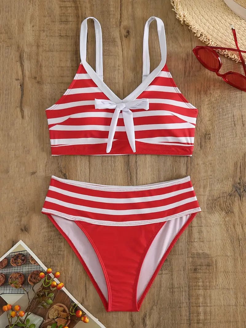 681 Helga® | Sexy gestreepte bikini met strikknoop V-hals Mykozo