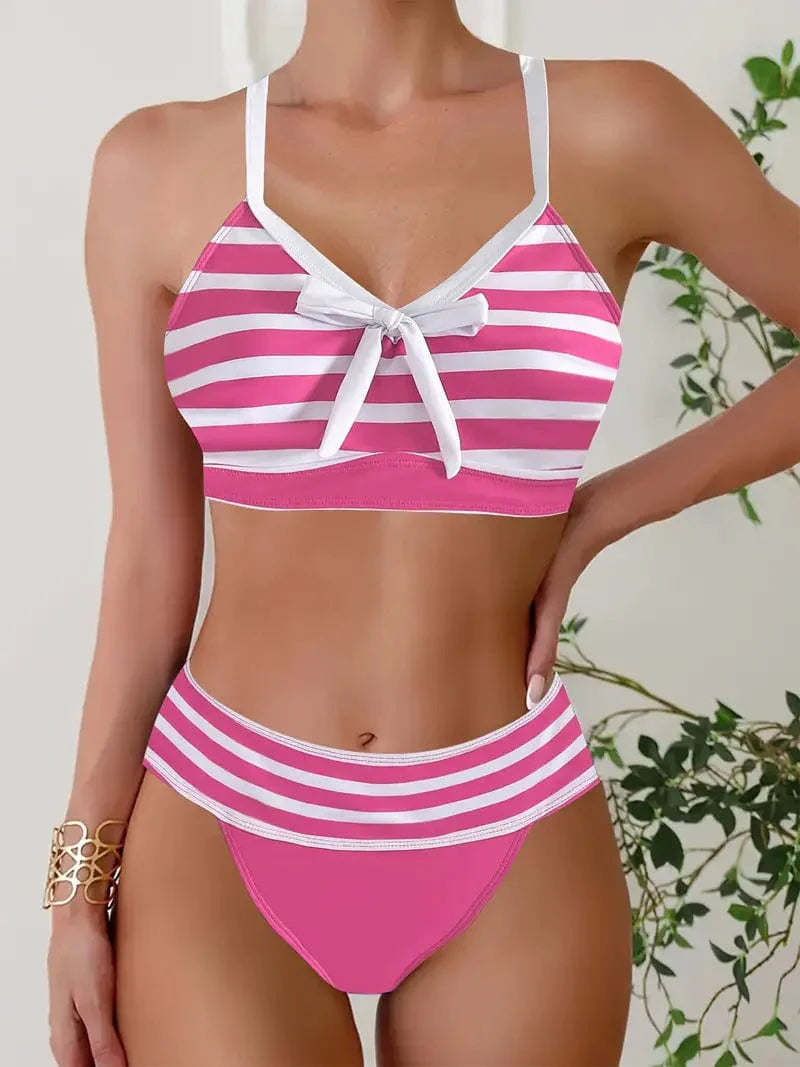 681 Roze / S Helga® | Sexy gestreepte bikini met strikknoop V-hals Mykozo