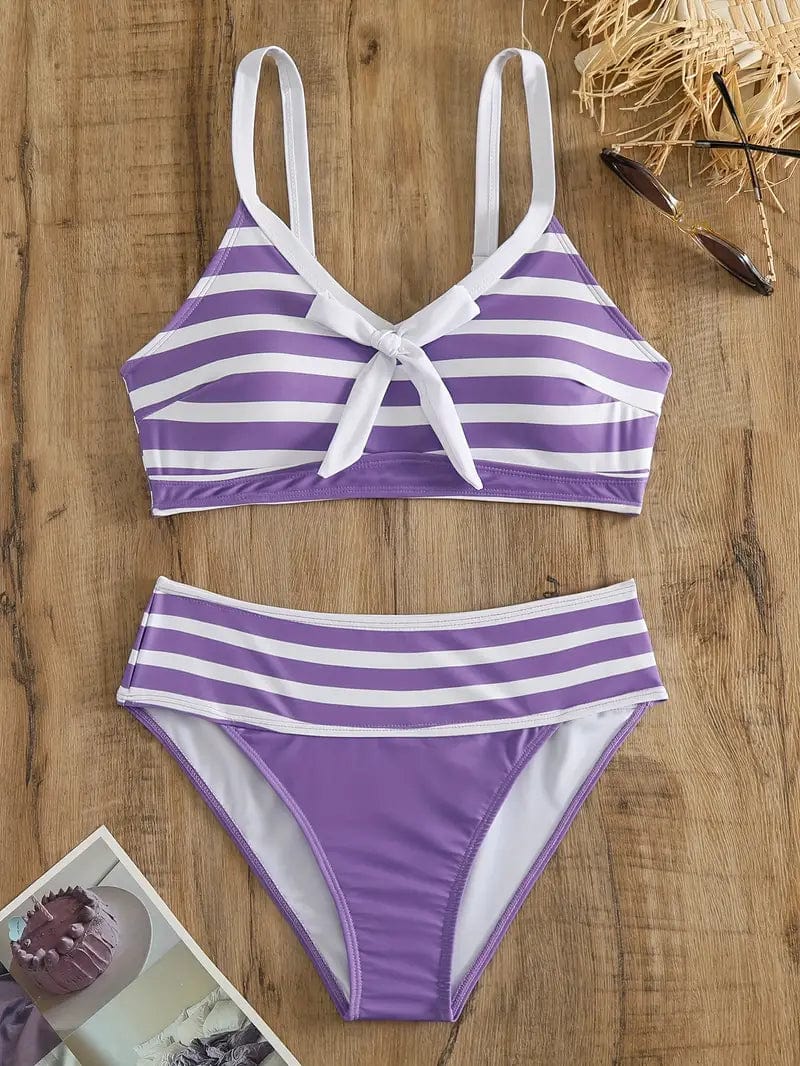 681 Helga® | Sexy gestreepte bikini met strikknoop V-hals Mykozo