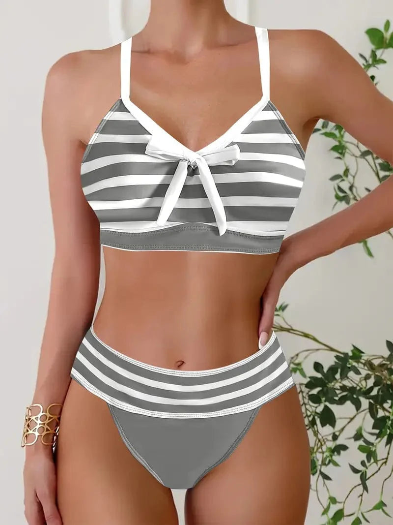 681 Grijs / S Helga® | Sexy gestreepte bikini met strikknoop V-hals Mykozo