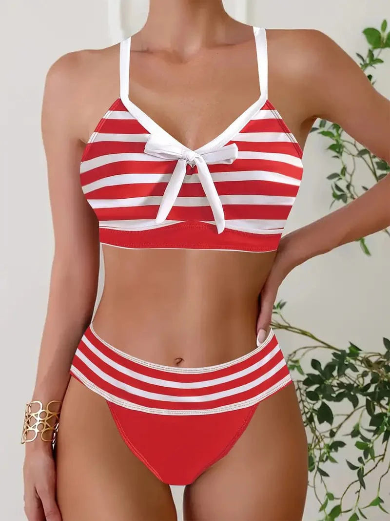 681 Rood / S Helga® | Sexy gestreepte bikini met strikknoop V-hals Mykozo