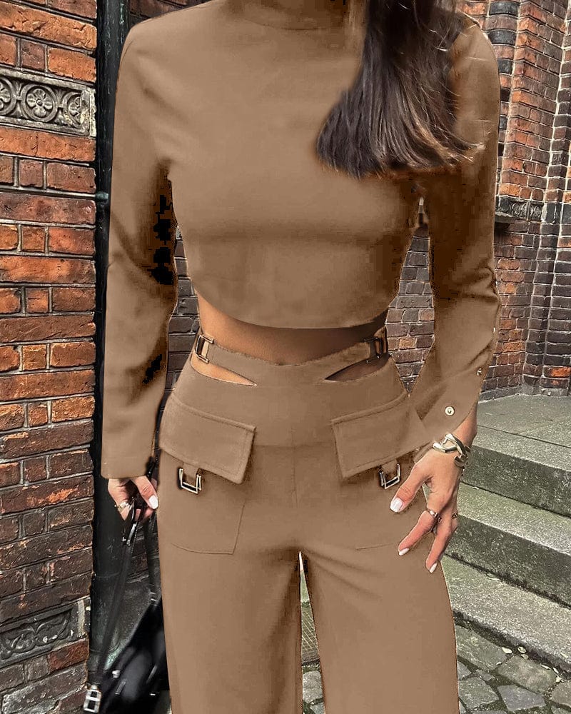 Sets Khaki / XS Linda | Elegante crossover tweedelige set Mykozo