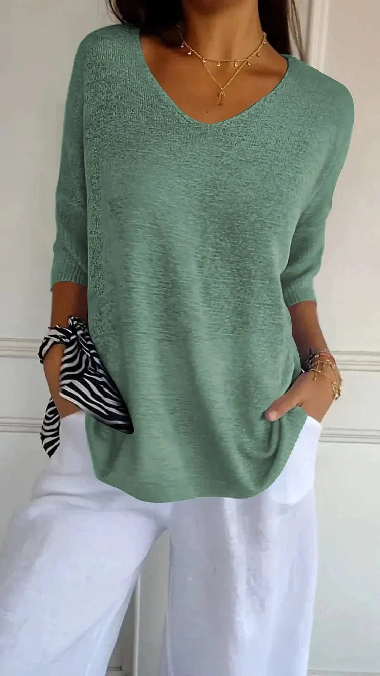 Sweater Gras Groen / S Marleen | Comfy Top met gebreide V-hals Mykozo