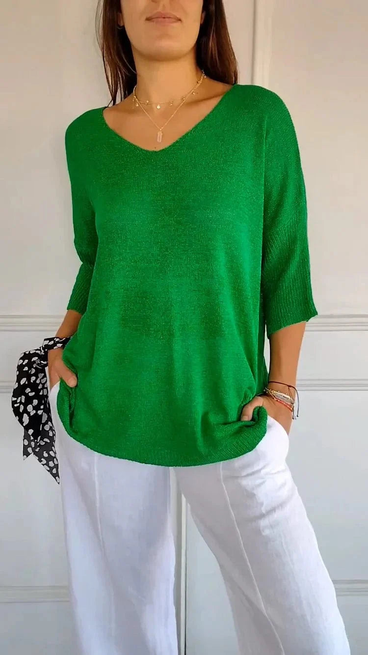 Sweater Groen / S Marleen | Comfy Top met gebreide V-hals Mykozo