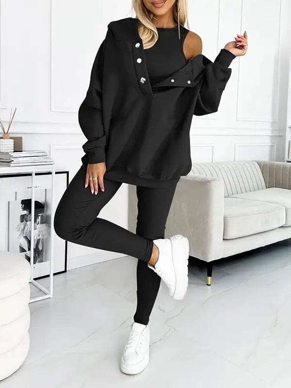 Sets Zwart / Trui + Vest + Broek / S Maylin | Elegante Knusse Sweatshirts met capuchon Mykozo