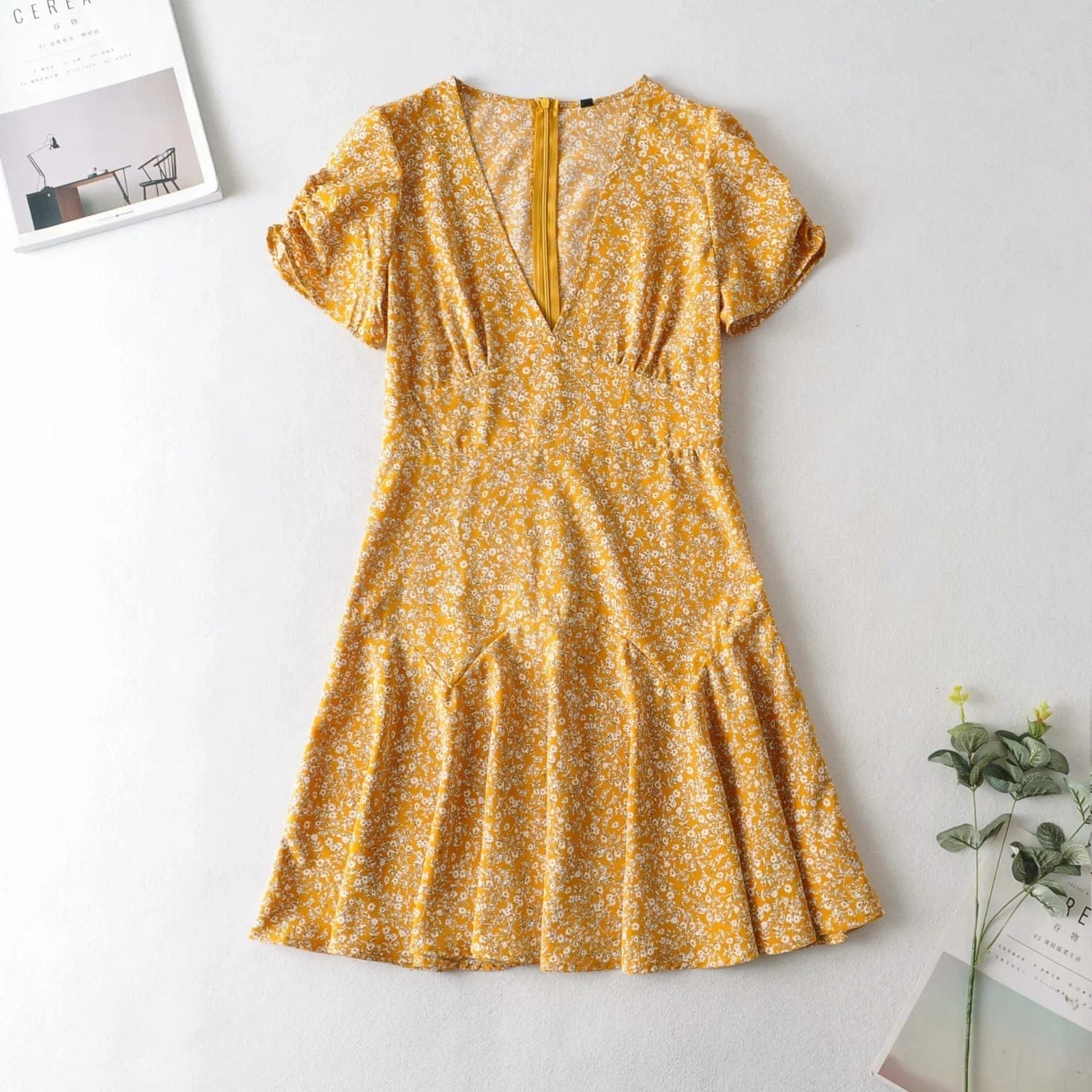 Jurk Yellow / L Mia - Bloemenprint Zomerjurk Mykozo