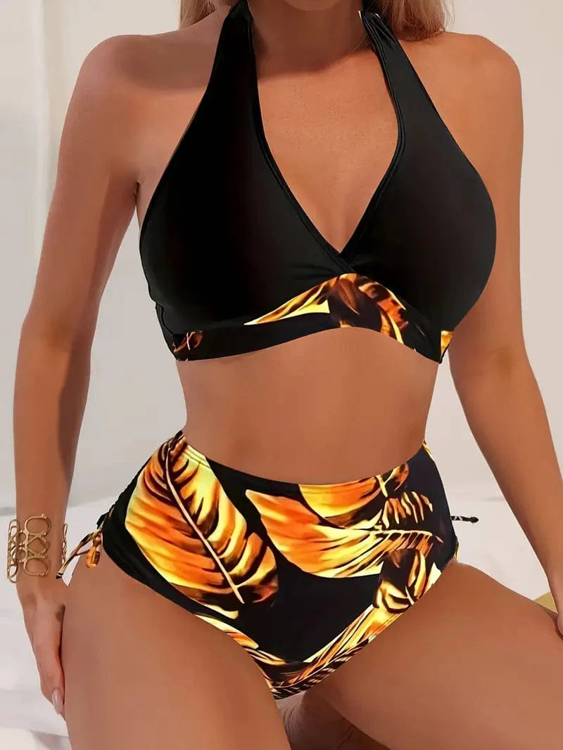 544 Geel / S Vivien® | Stijlvolle halterbikini met tropische bladprint Mykozo