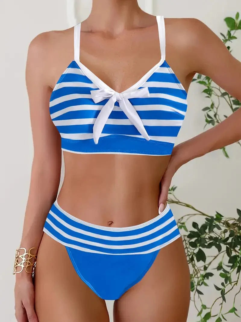 681 Blauw / S Helga® | Sexy gestreepte bikini met strikknoop V-hals Mykozo