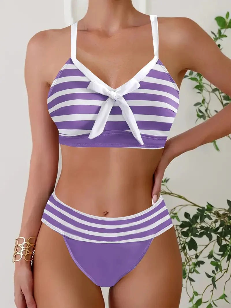 681 Paars / S Helga® | Sexy gestreepte bikini met strikknoop V-hals Mykozo