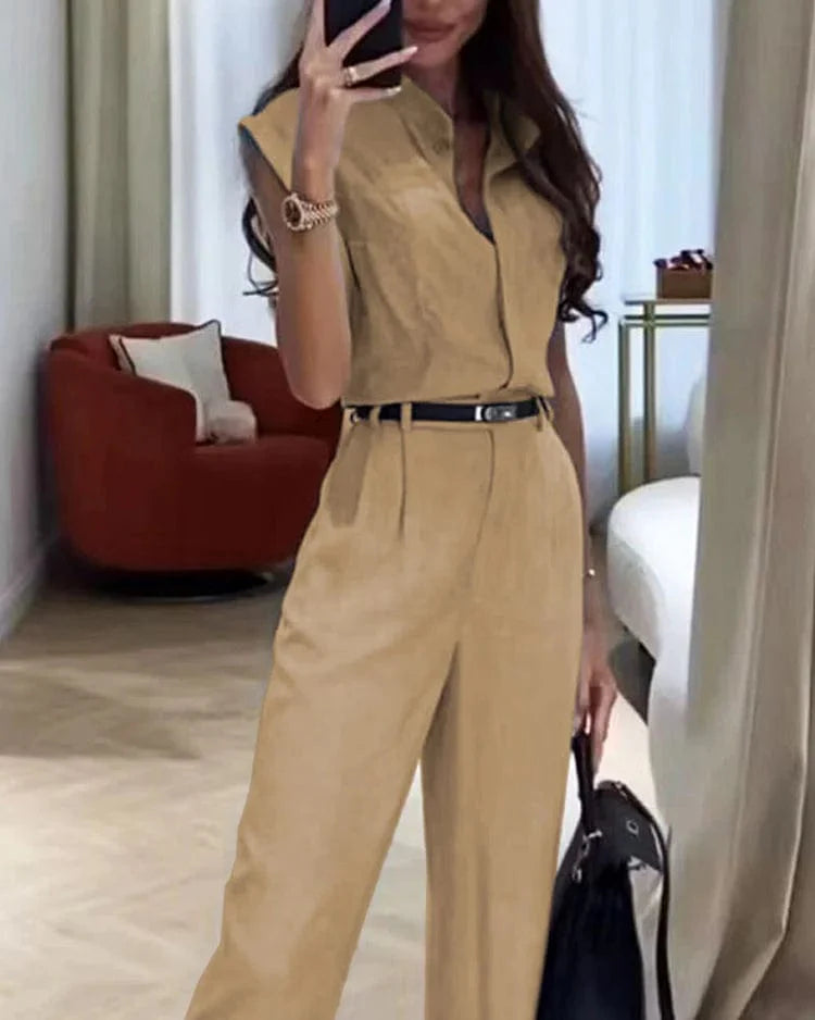 Khaki / XS Lisa - Elegante Set met effen overhemd en broek Mykozo