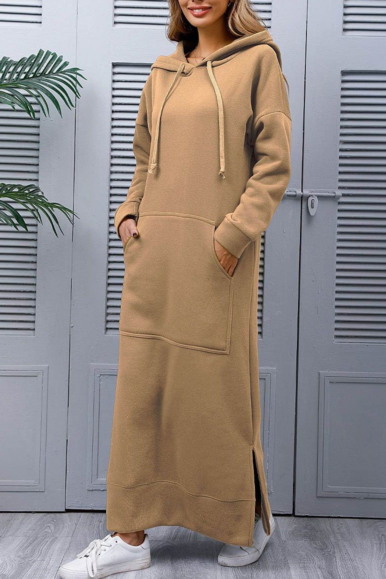 Midi dresses Khaki / XL Berdina | Elegante Hoodie-jurk met zakken Mykozo