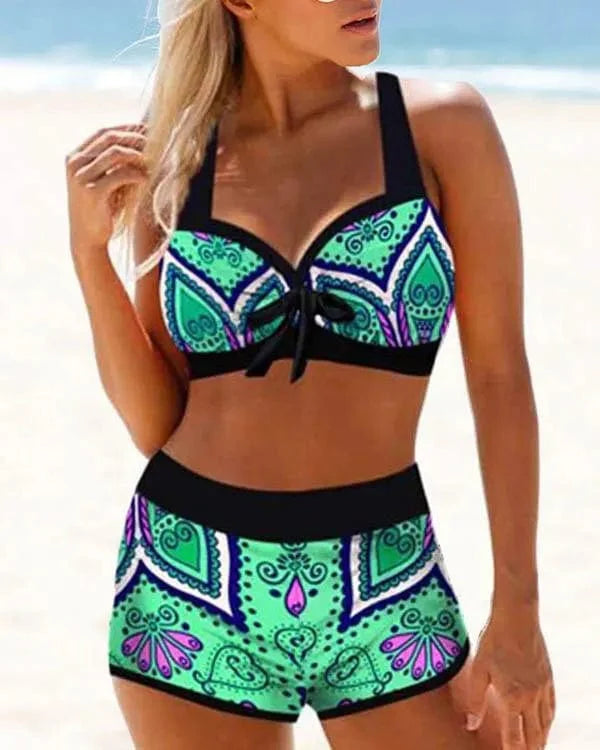 S131 Groen / S Eva| Bloemenprint Kant Omhoog Halter V-Hals Casual Bikini's Badpakken Mykozo