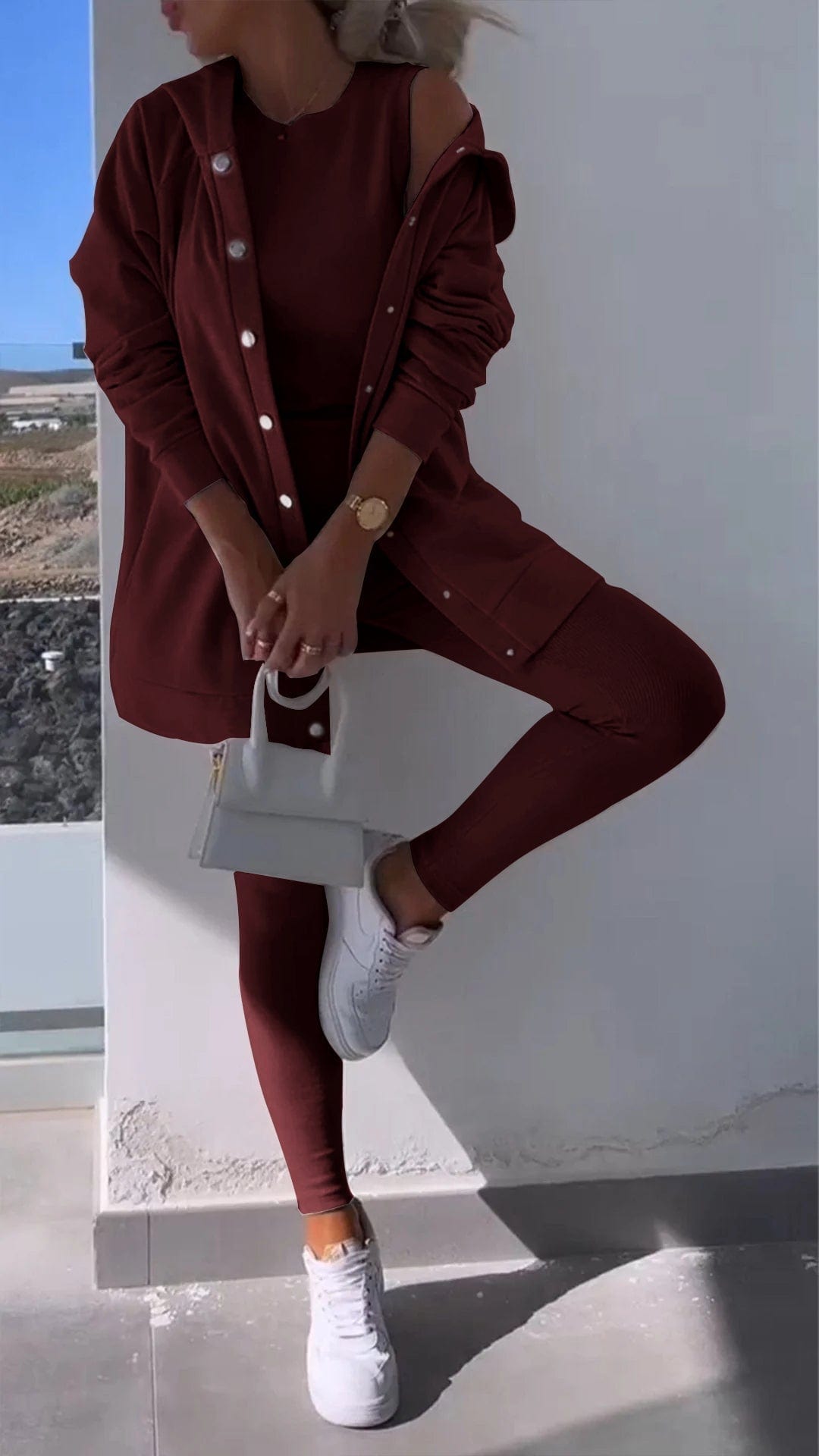 Burgundy / S Pien | Elegante Vest met Capuchon Sweatshirt Set Mykozo