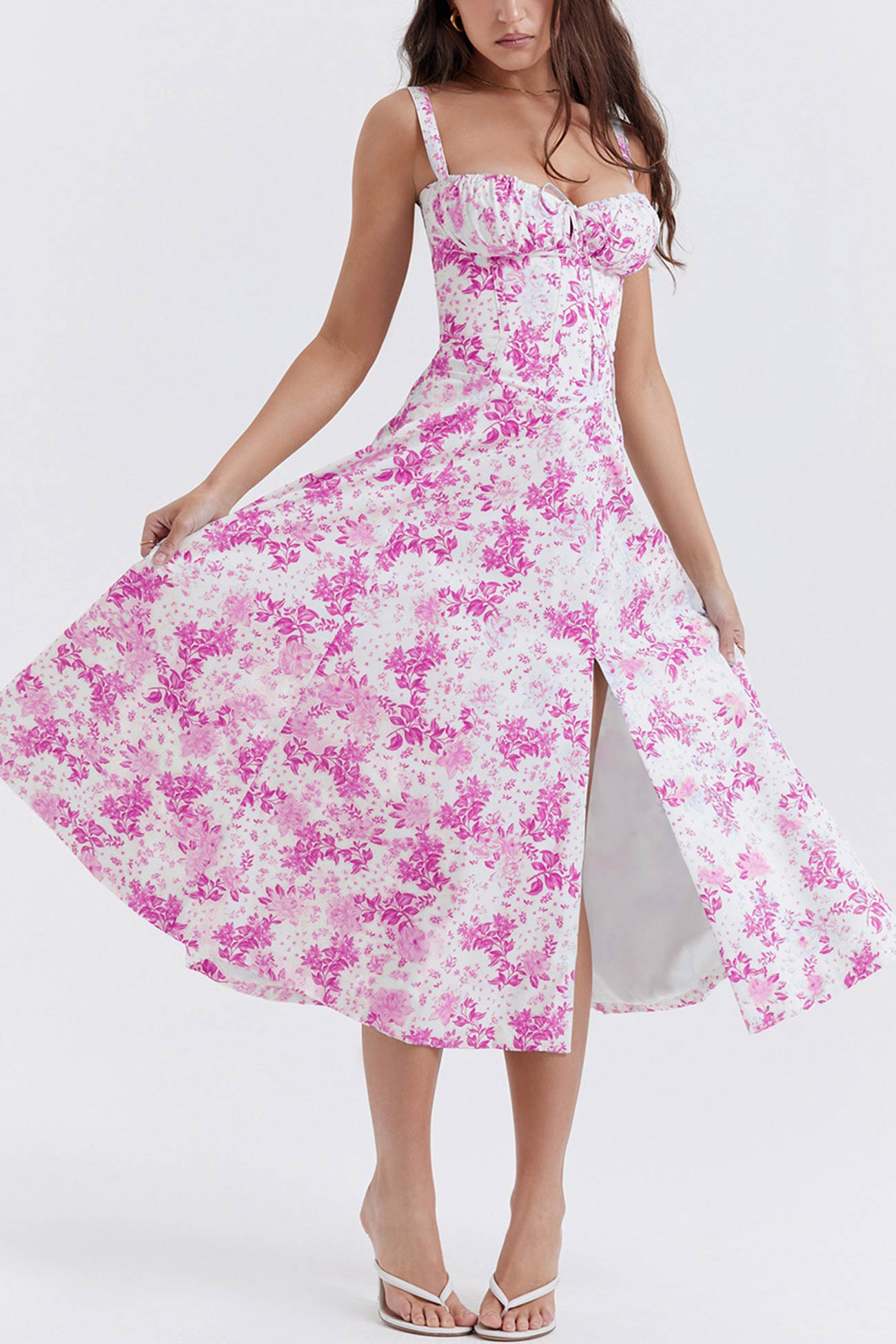 Midi dresses Wit Roze Bloem / S Uma | Schattige damesjurk Mykozo