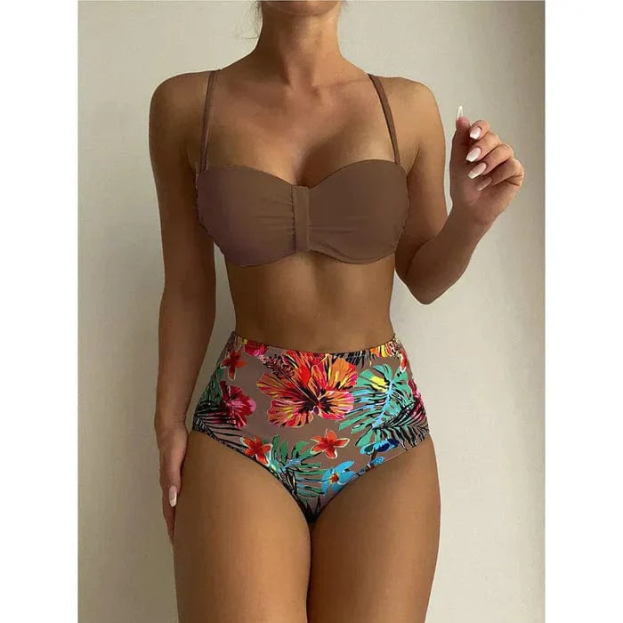 988 Bruin / S Zoë® | Chique bikini met hoge taille en bloemmotief Mykozo